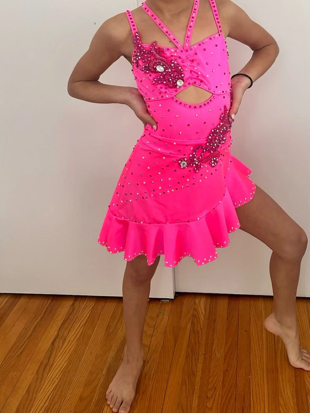 Girls' Neon Pink Dance Costume with Rhinestone Embellishments